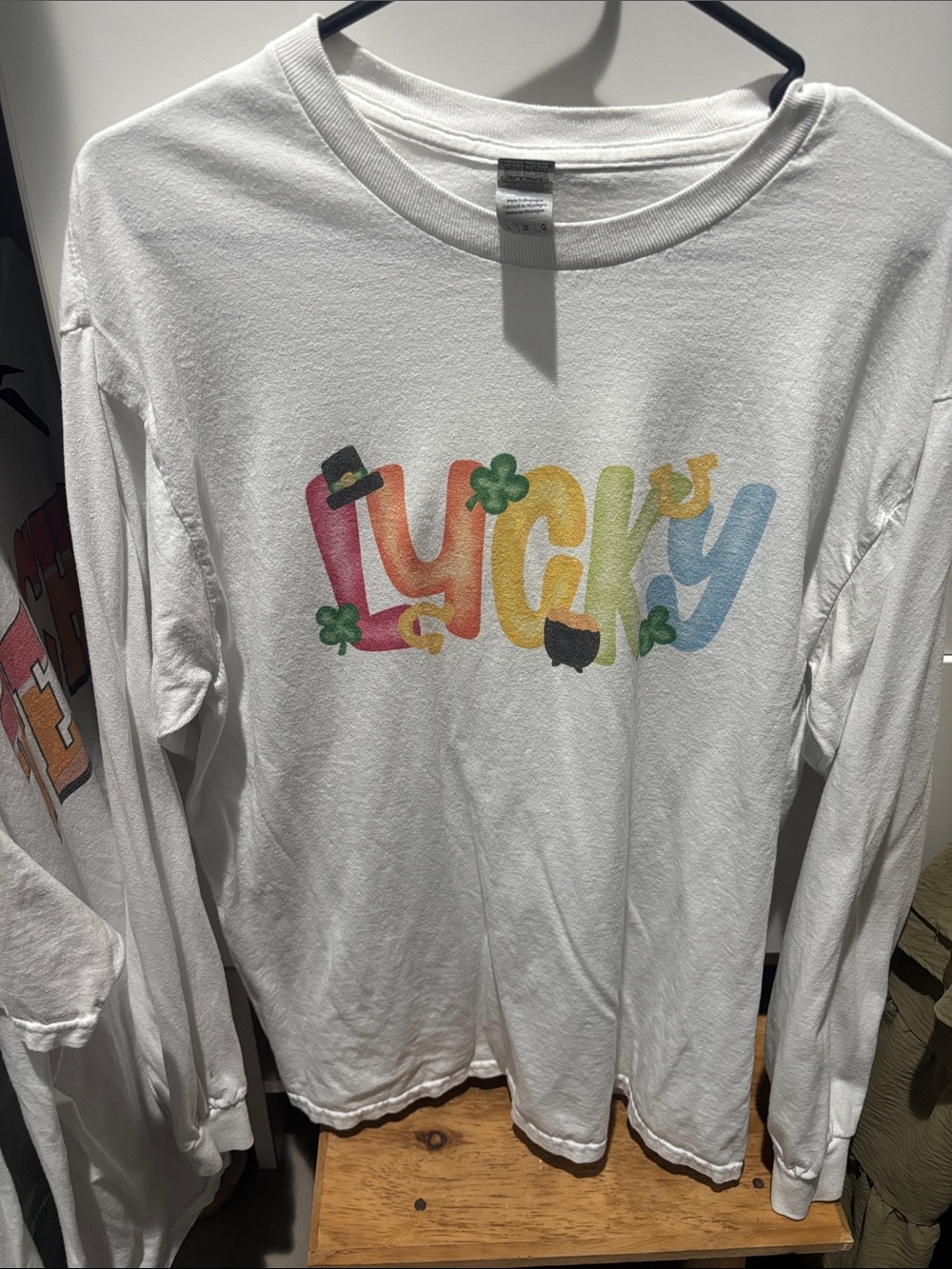Gildan White Long-Sleeve Tee with Colorful "Lucky" Graphic